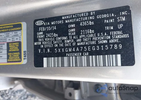 2014 Kia Optima Lx из США, поврежденный, VIN 5XXGM4A75EG315789